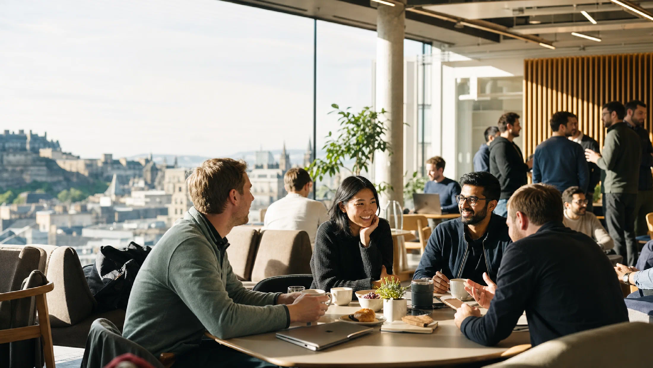 Founders and technology leaders meeting over coffee in a bright Edinburgh innovation space